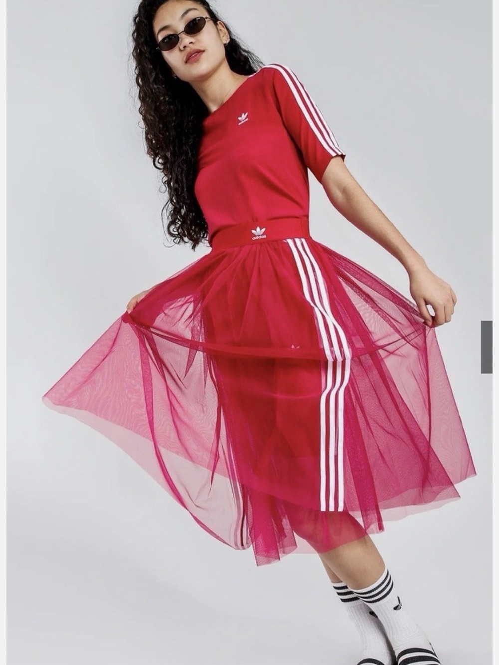 adidas Originals Sleek Three Stripe Mesh Tulle Skirt in Pink - Picture 6 of 16